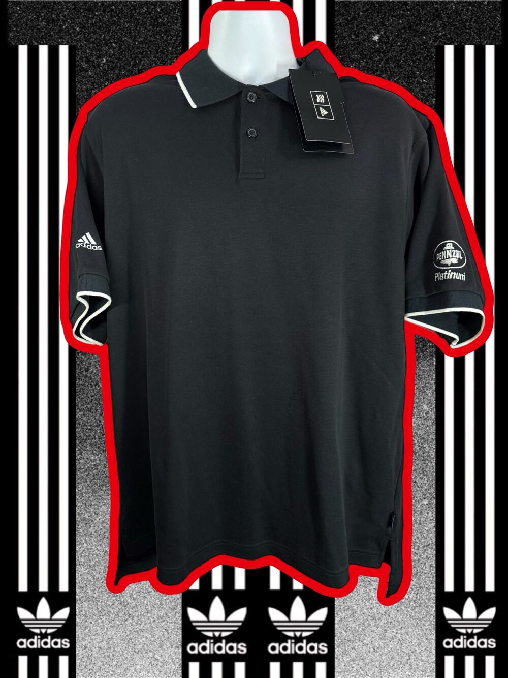 Adidas Black White Polo Shirt Pennzoil Platinum Patch Mens Large NWT